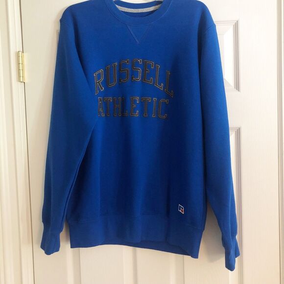 Vintage Russell Sweatshirt Mens Medium Blue Spellout Sweater 80s Cotton Blend - Picture 9 of 11